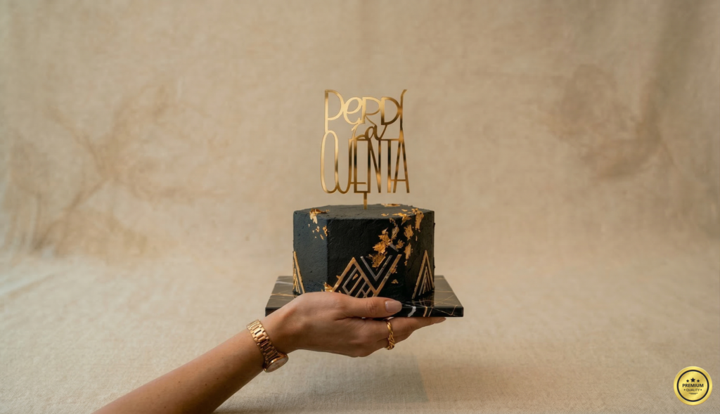 cake topper de acrilico espejado dorado frase perdi la cuenta sobre torta sostenida por mano