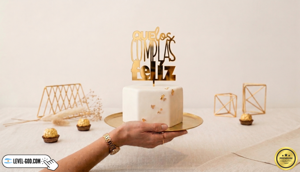 cake topper acrilico espejado color dorado sobre torta