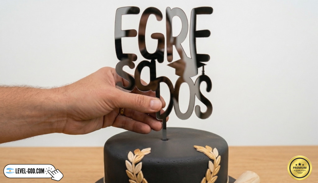 torta decorada con Topper moderno de acrílico espejado negro, temática egresados