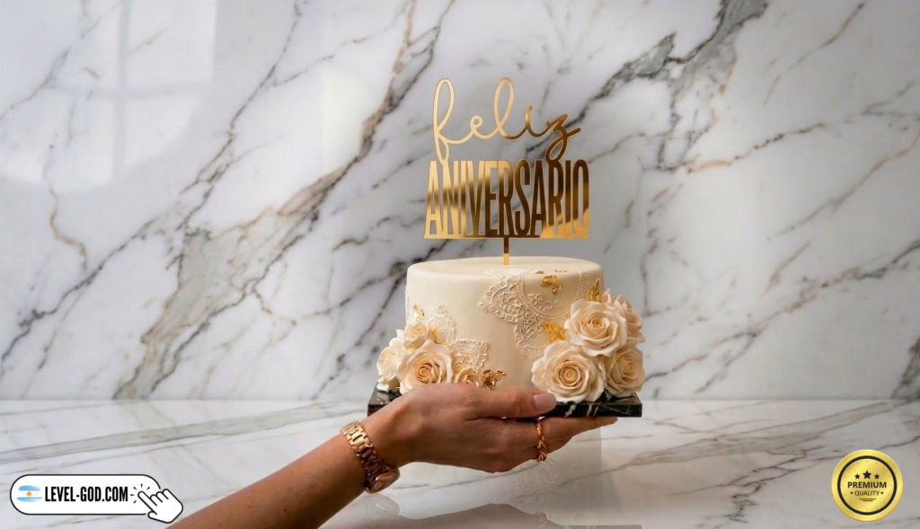 mano sosteniendo torta, con adorno para torta de feliz aniversario en acrílico espejado dorado