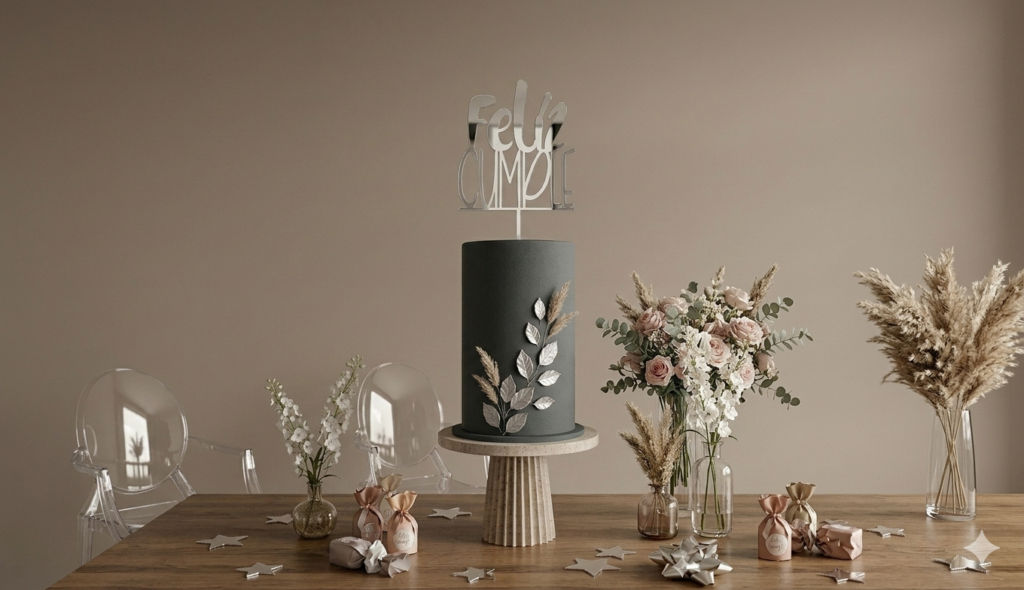 topper feliz cumple de acrilico espejado plateado para torta de cumpleaños