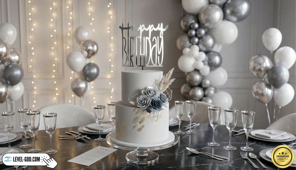 topper happy birthday acrilico espejado plateado en torta para cumpleaños en argentina