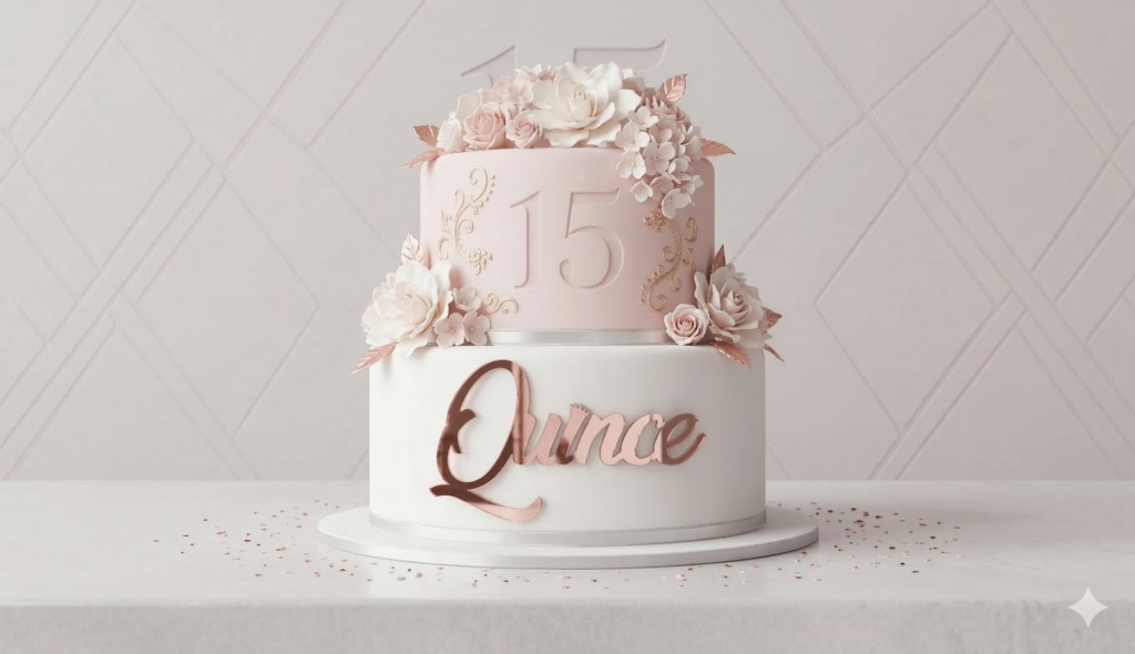 torta de 15 años con front topper de acrilico espejado rose gold