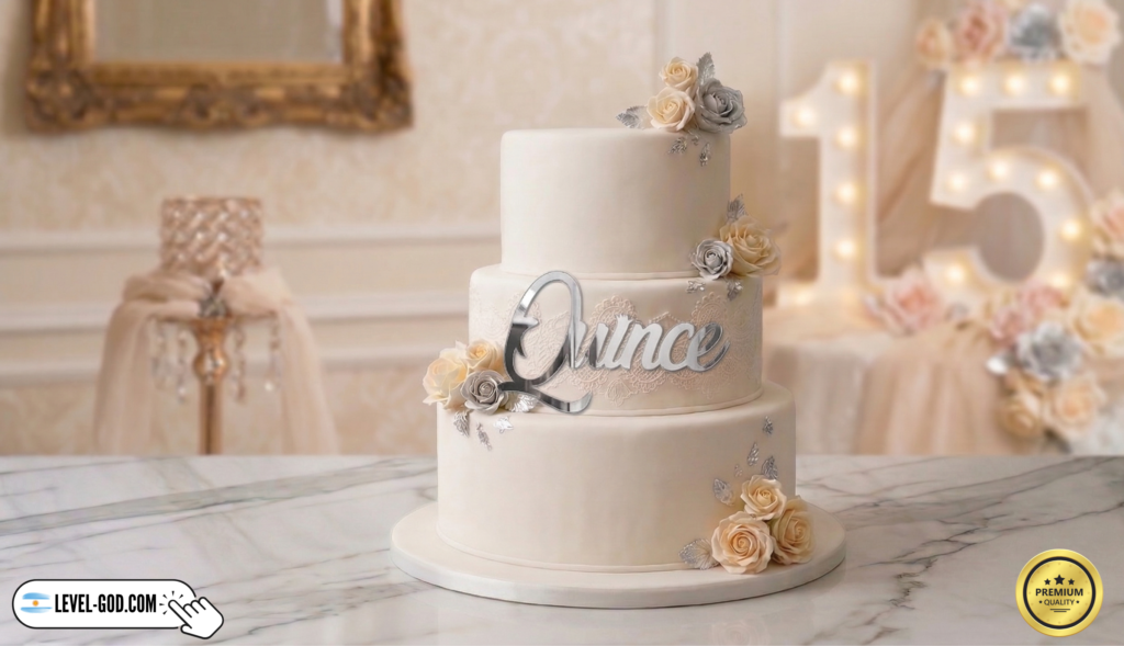 torta de 15 años, deorada con adorno para torta frontal o front topper de acrilico espejado plateado leyenda "quince"