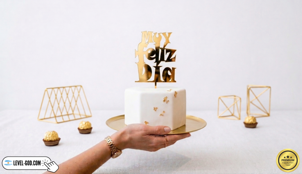 cake topper sobre torta de muy feliz dia en acrilico espejado dorado