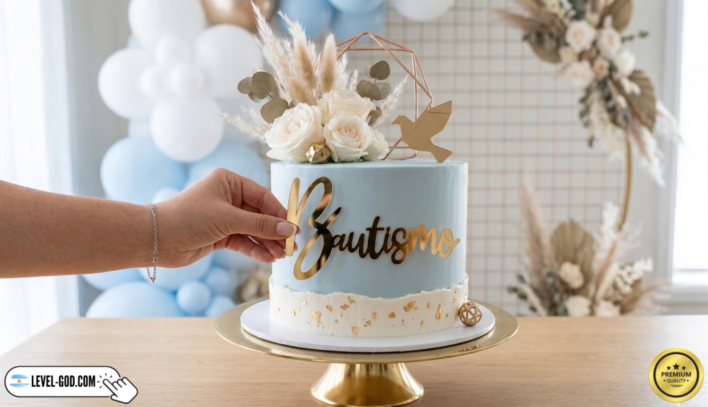 adorno para torta front topper espejo dorado de bautismo